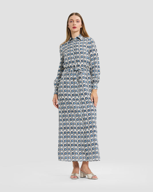 Mosaic Print Long-Sleeve Maxi Shirtdress