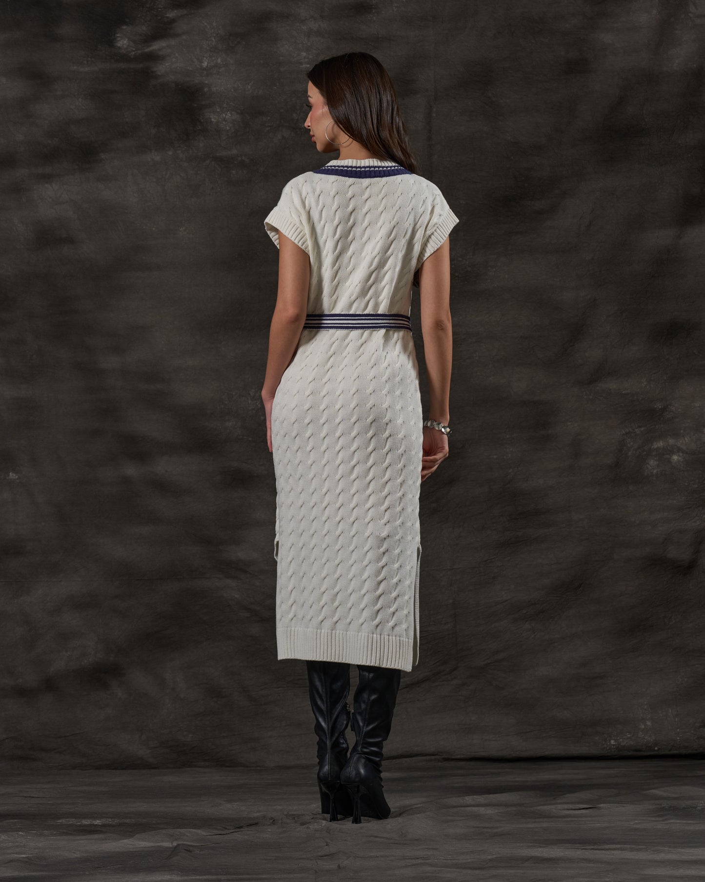 Contrast Knit Belted Dress