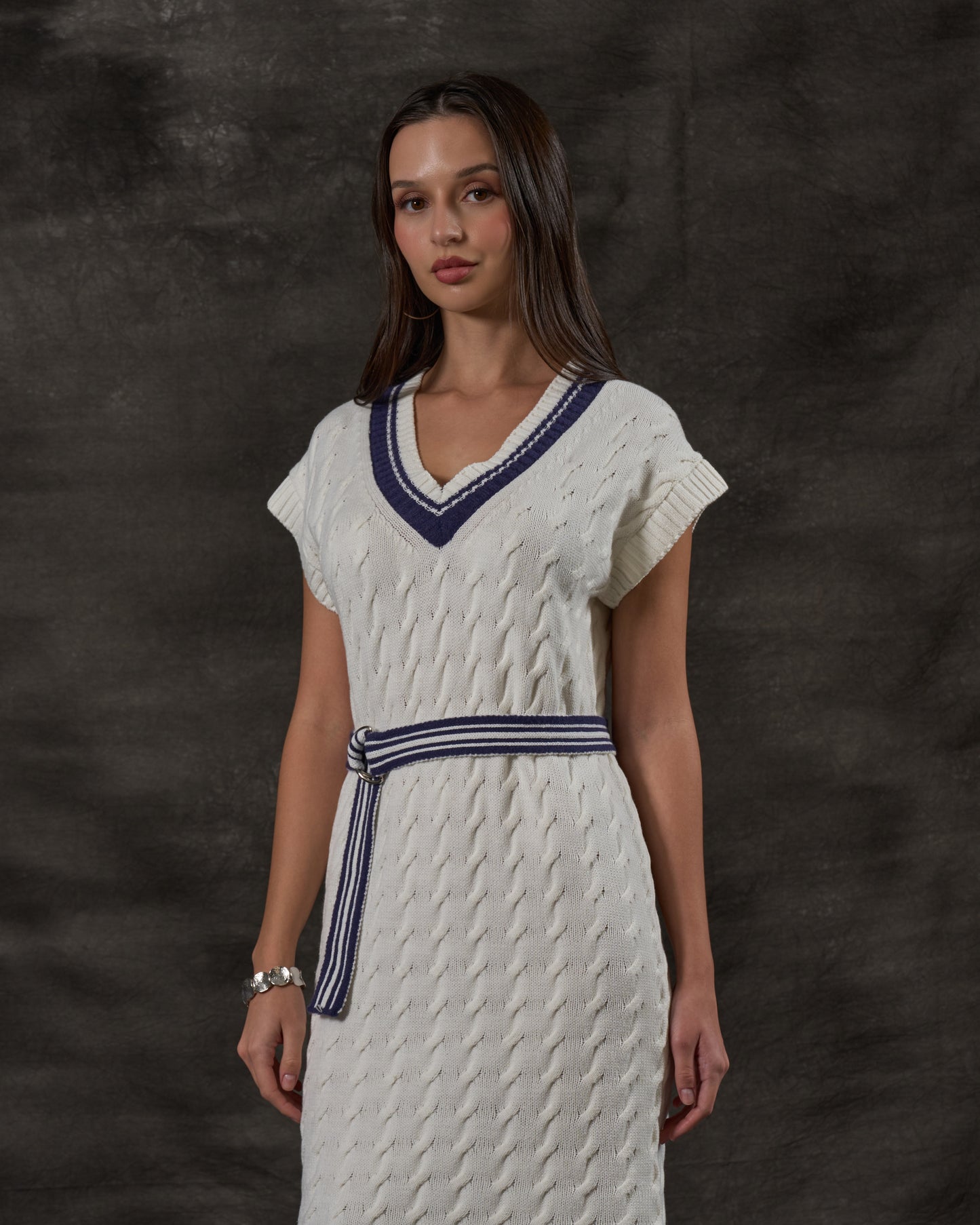 Contrast Knit Belted Dress