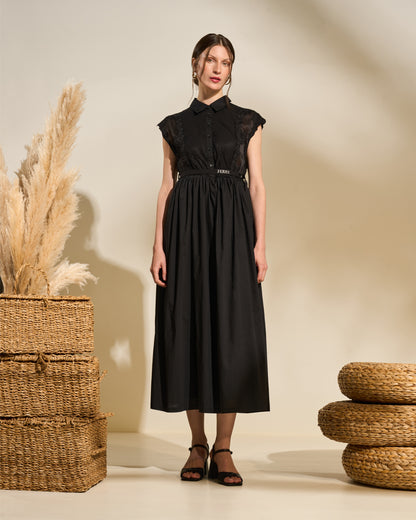Lace Panel Belted Midi Dress