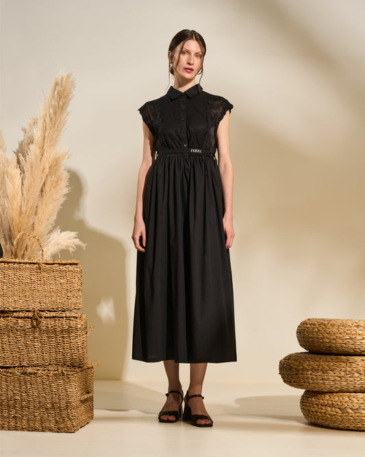 Lace Panel Belted Midi Dress