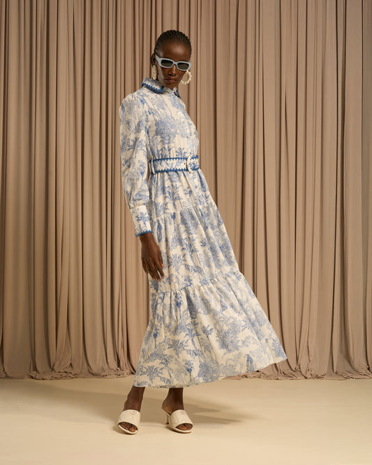 Toile Print Belted Maxi Dress