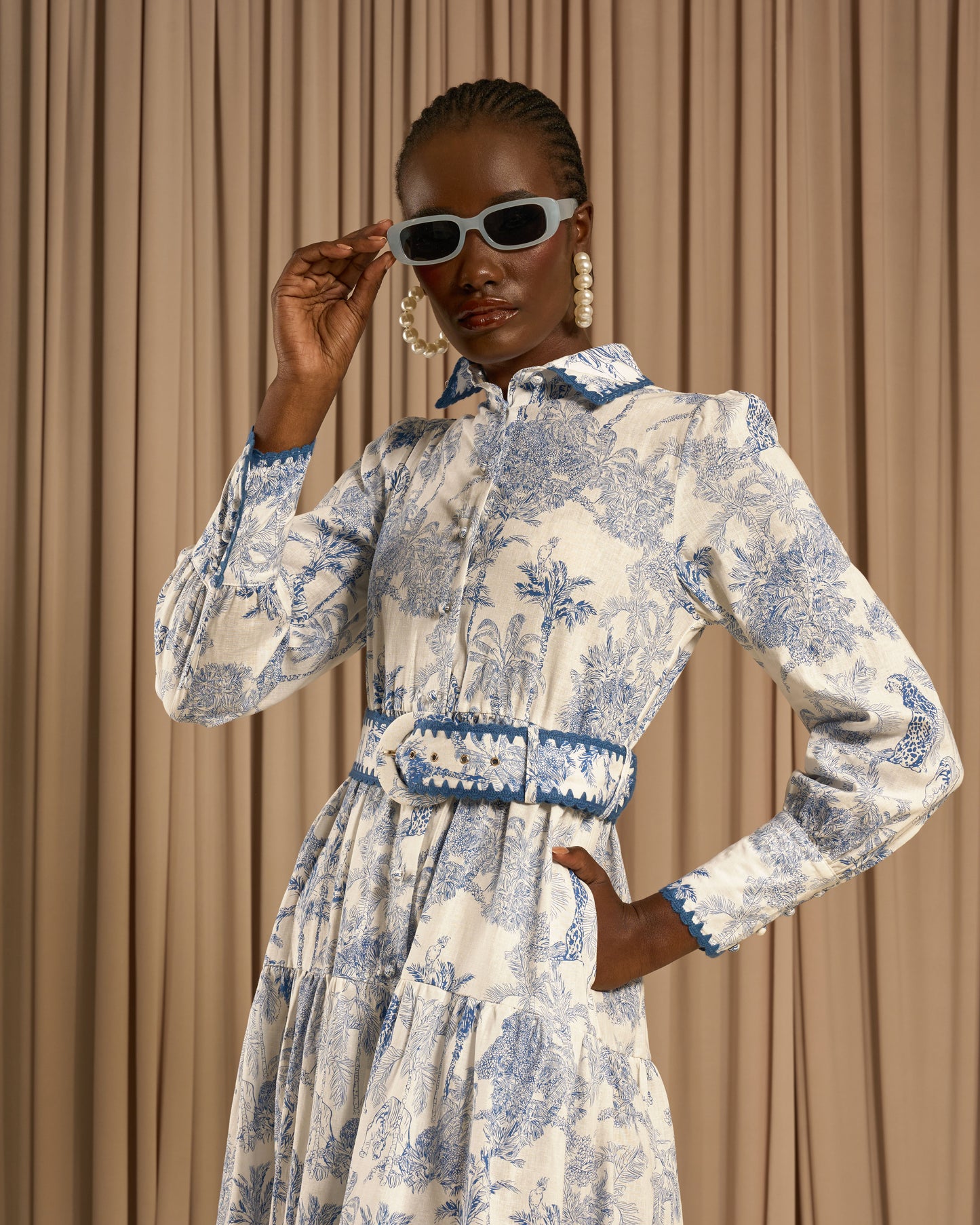 Toile Print Belted Maxi Dress