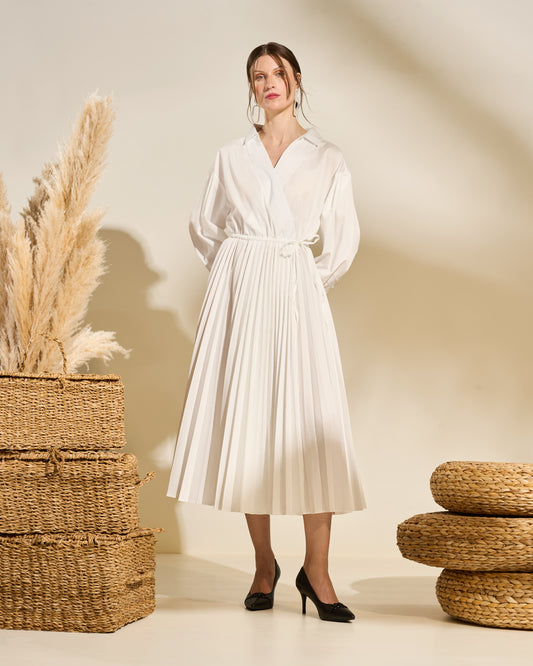 Pleated Wrap-Front Midi Dress