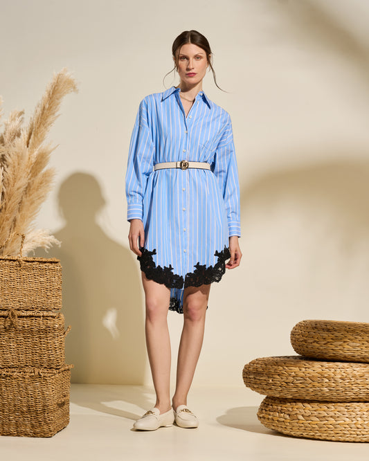 Striped Shirt Dress with Lace Hem