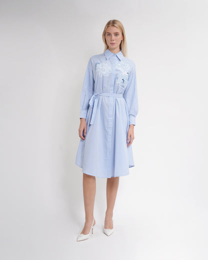 Striped Floral Applique Shirt Midi Dress