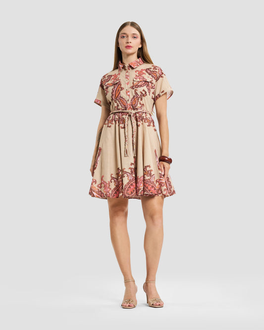 Beige Paisley Short-Sleeve Shirtdress