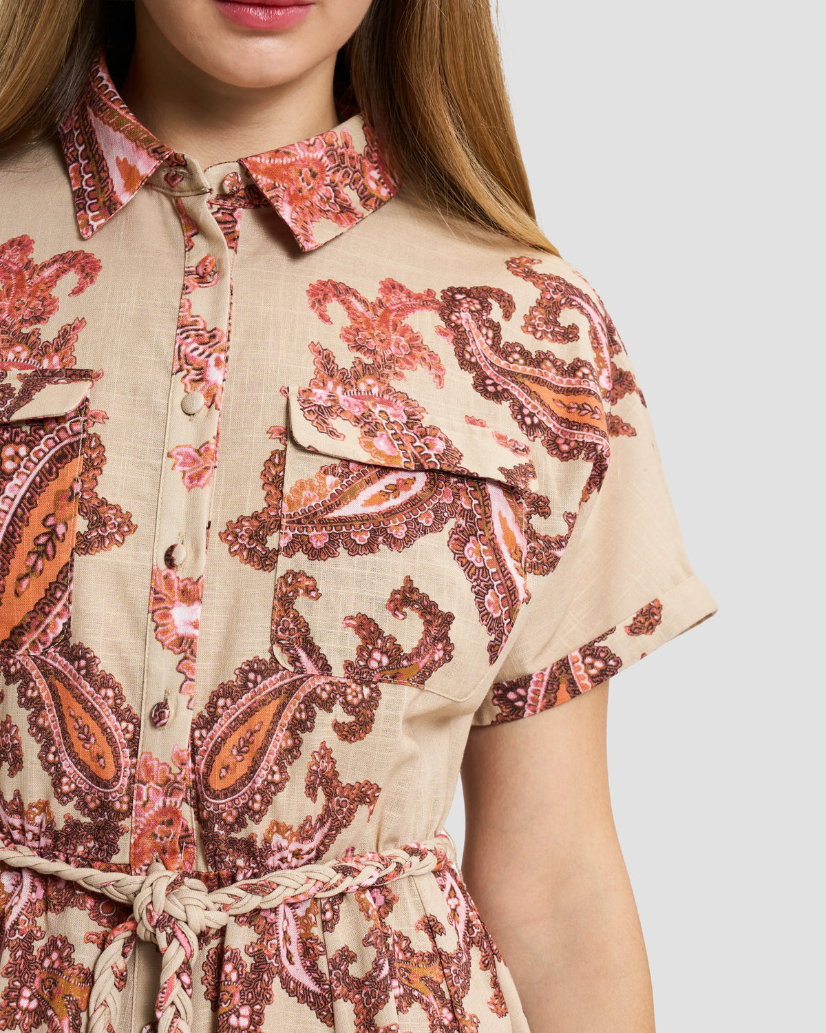 Beige Paisley Short-Sleeve Shirtdress