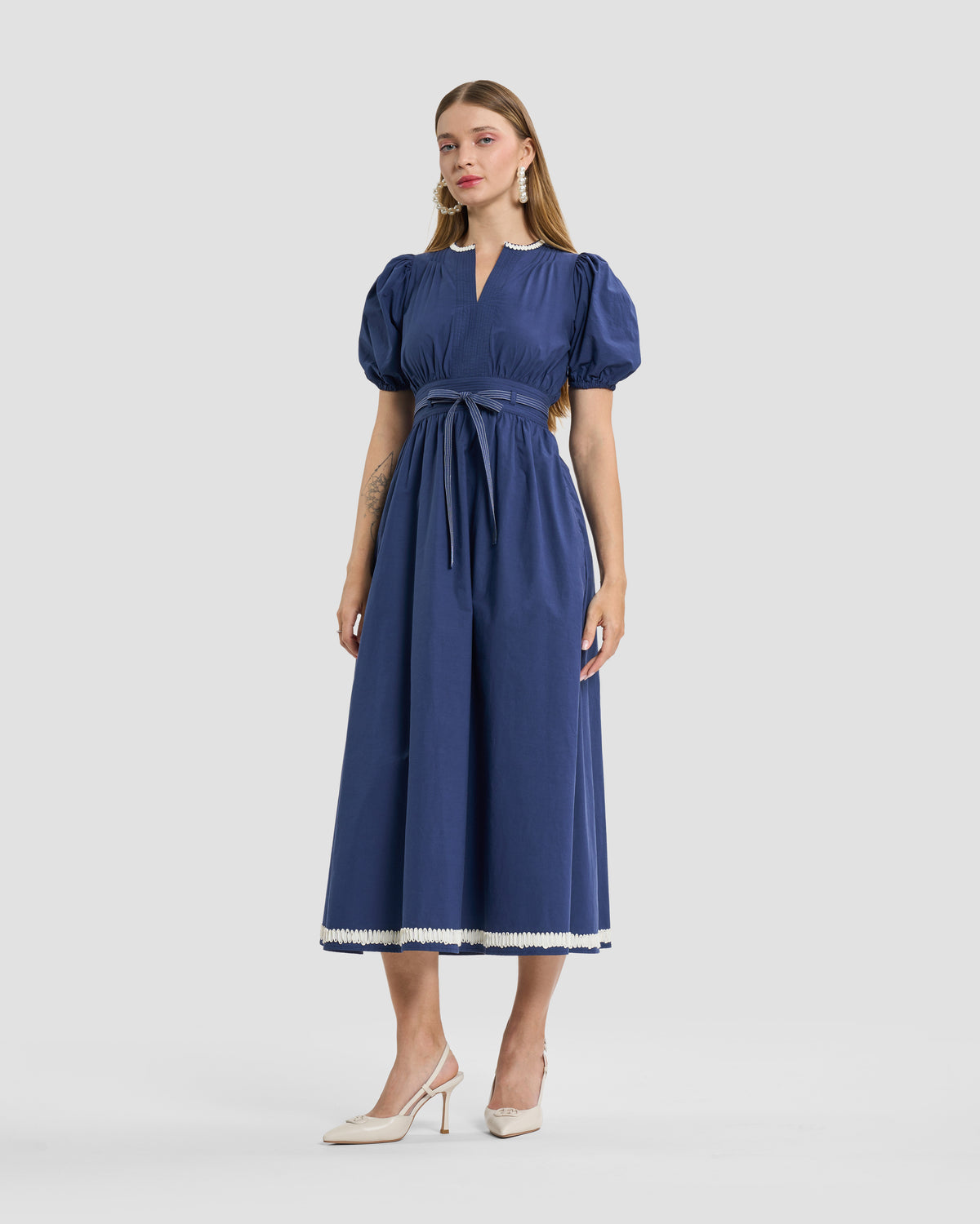 Slate Blue Puff-Sleeve Midi Dress