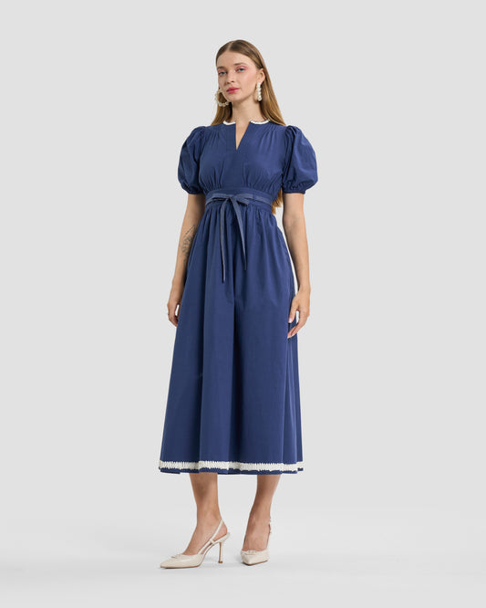 Slate Blue Puff-Sleeve Midi Dress