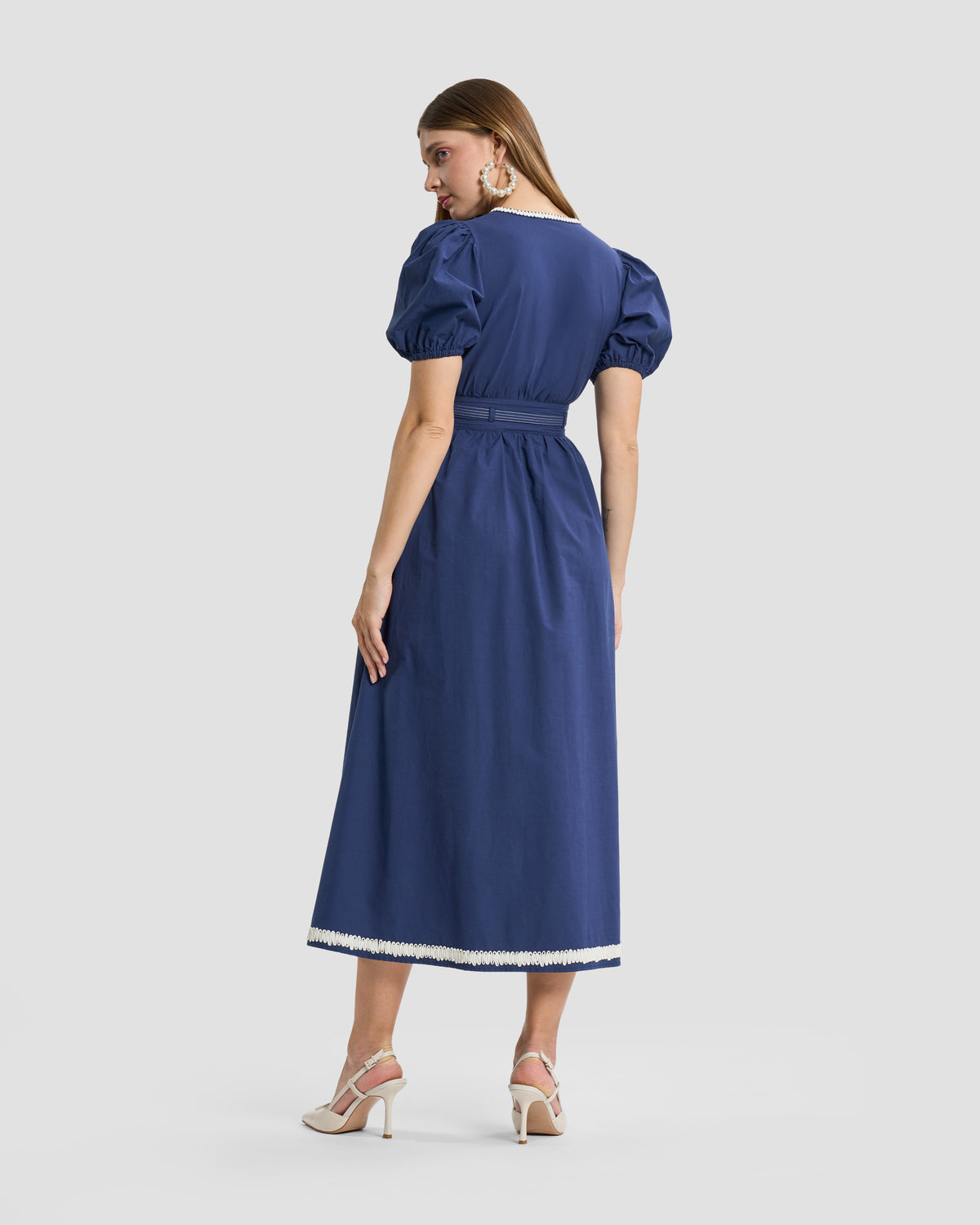 Slate Blue Puff-Sleeve Midi Dress