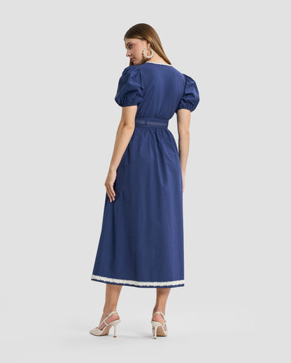 Slate Blue Puff-Sleeve Midi Dress
