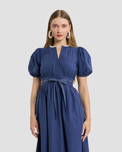 Slate Blue Puff-Sleeve Midi Dress