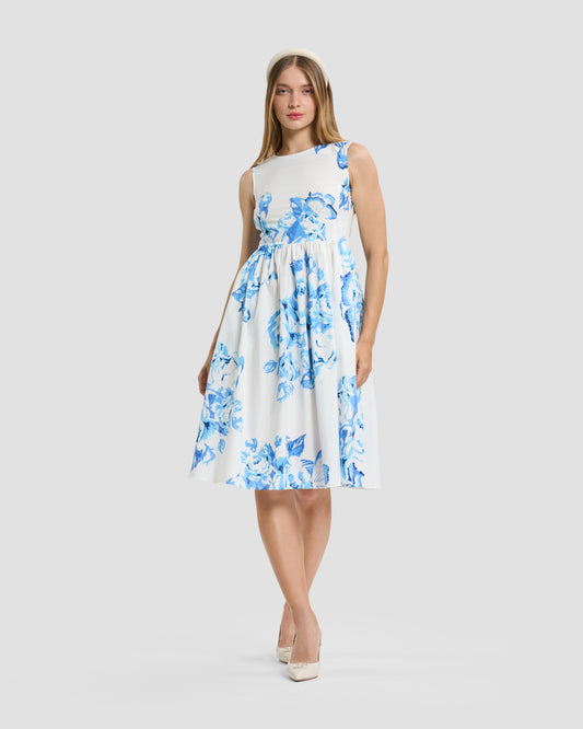 Blue Floral Sleeveless A-Line Dress