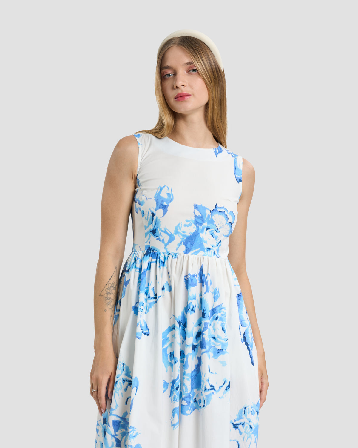 Blue Floral Sleeveless A-Line Dress