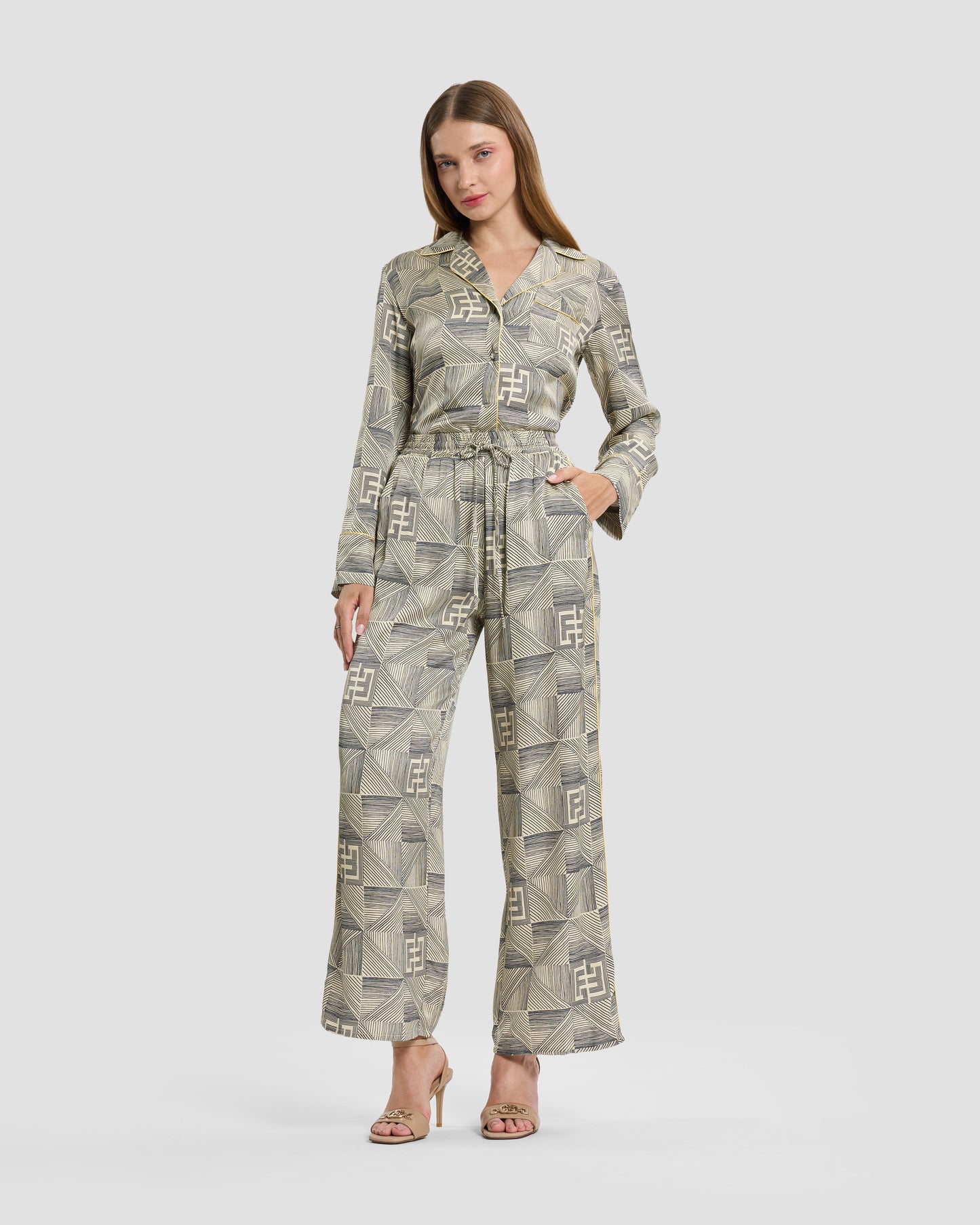 Geometric Monogram Silk Wide-Leg Trousers