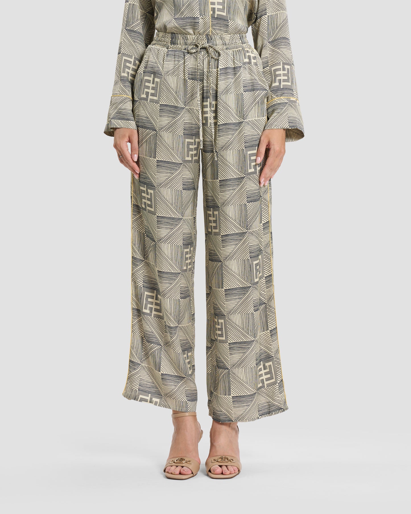 Geometric Monogram Silk Wide-Leg Trousers