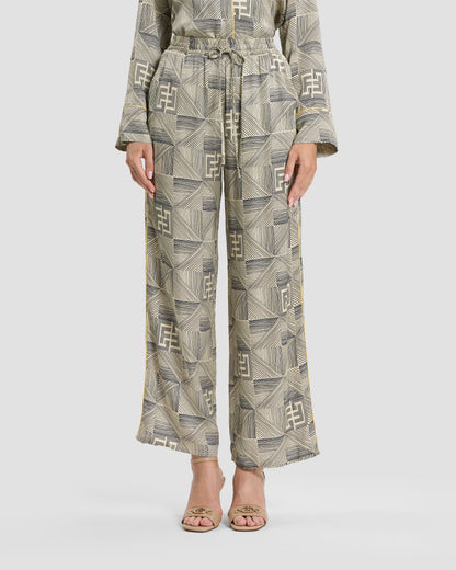 Geometric Monogram Silk Wide-Leg Trousers