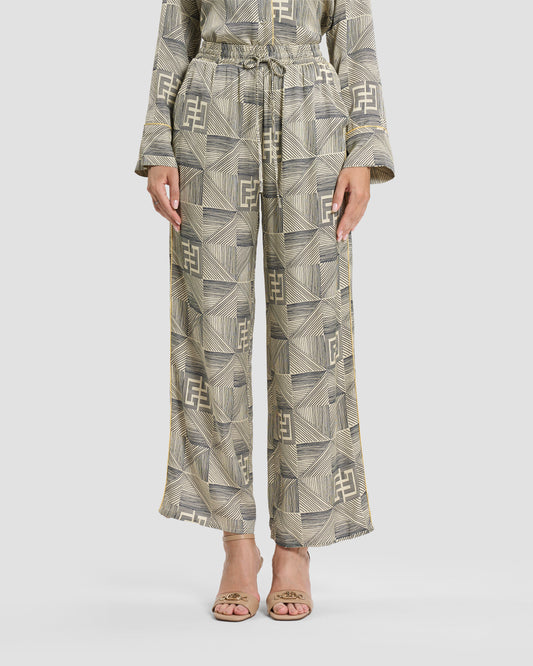 Geometric Monogram Silk Wide-Leg Trousers