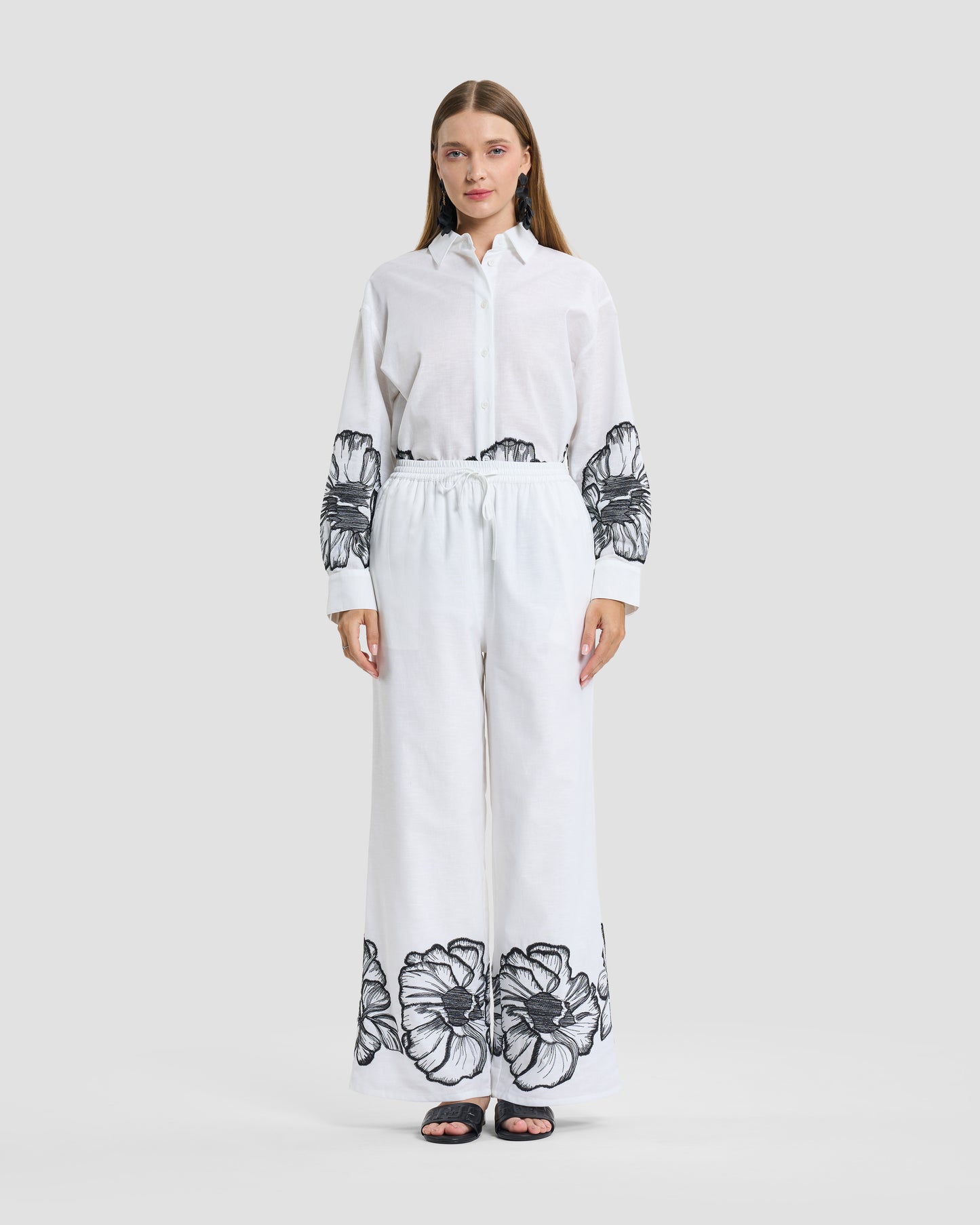 White Floral Embroidered Linen Wide-Leg Trousers