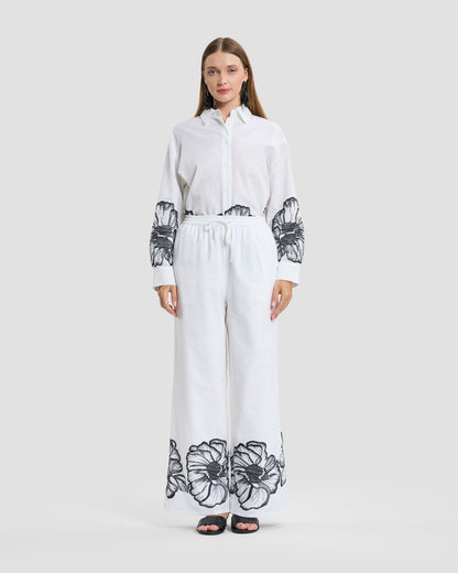 White Floral Embroidered Linen Wide-Leg Trousers