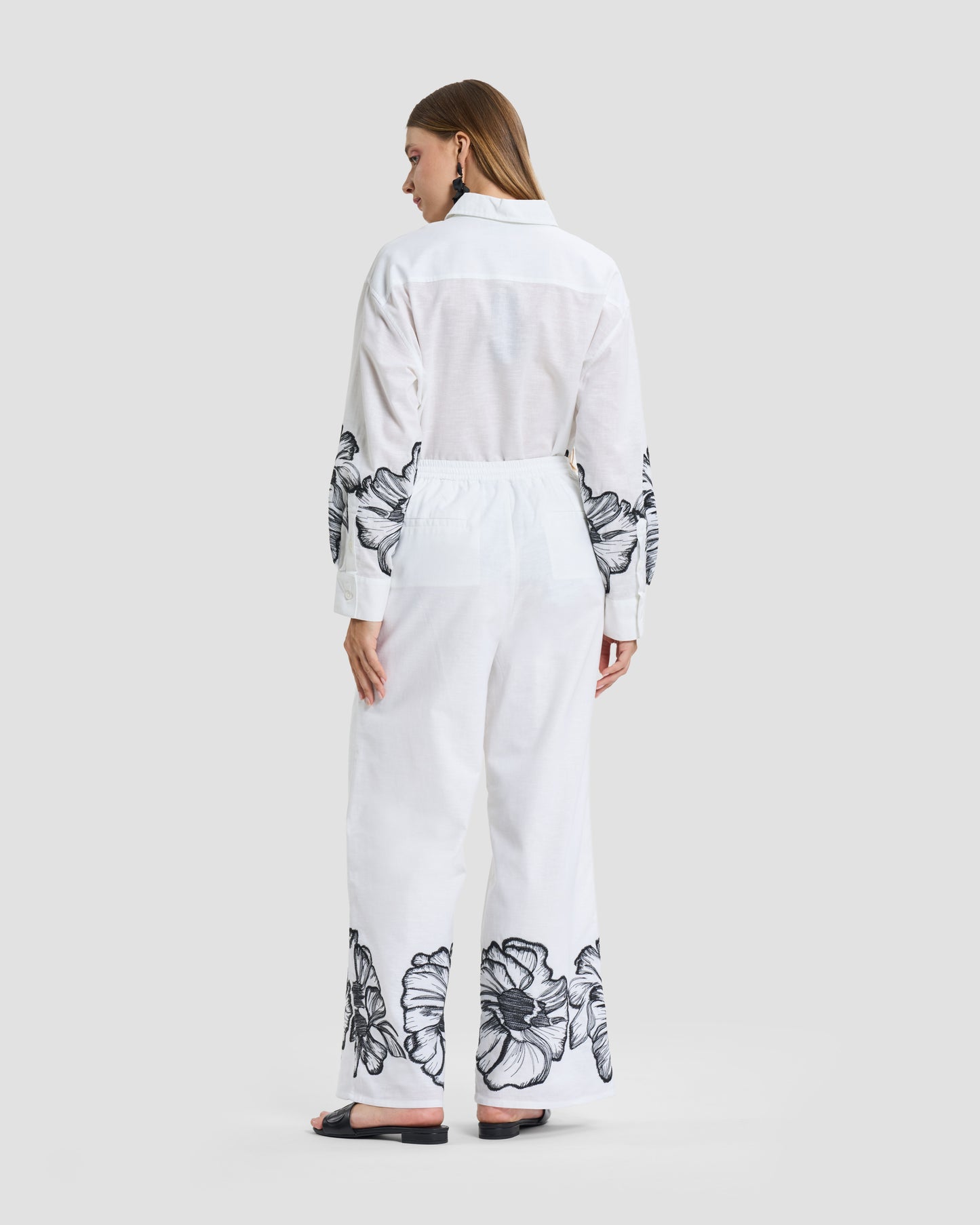 White Floral Embroidered Linen Wide-Leg Trousers