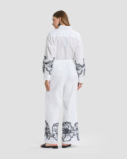White Floral Embroidered Linen Wide-Leg Trousers