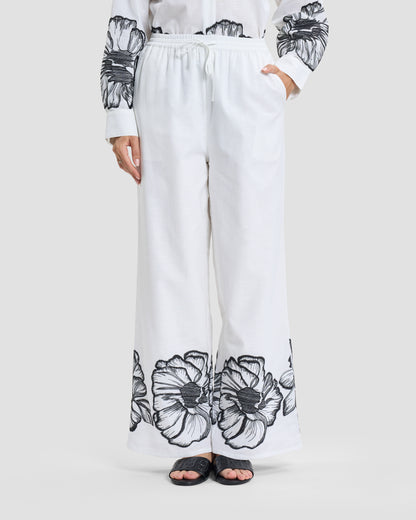 White Floral Embroidered Linen Wide-Leg Trousers
