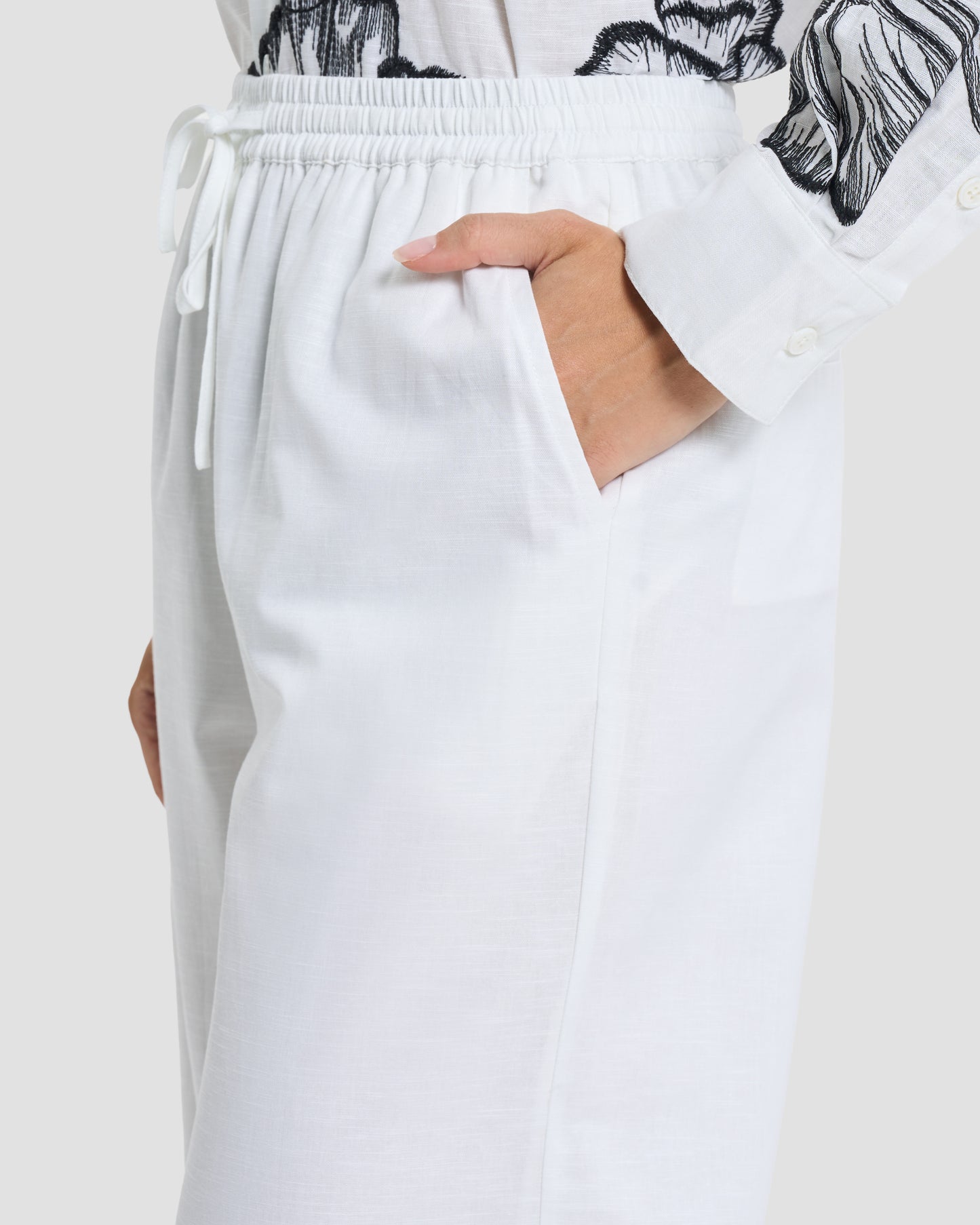 White Floral Embroidered Linen Wide-Leg Trousers