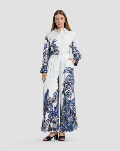 Tropical Palm Print Wide-Leg Trousers