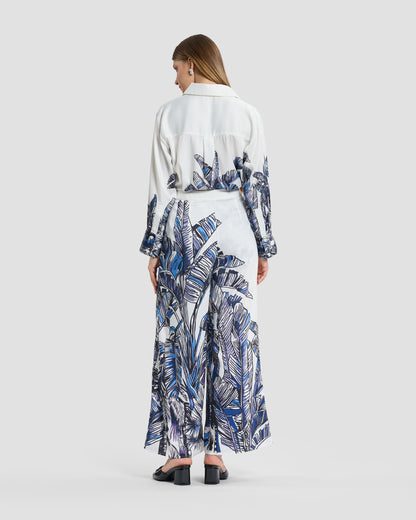 Tropical Palm Print Wide-Leg Trousers