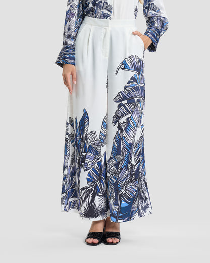 Tropical Palm Print Wide-Leg Trousers