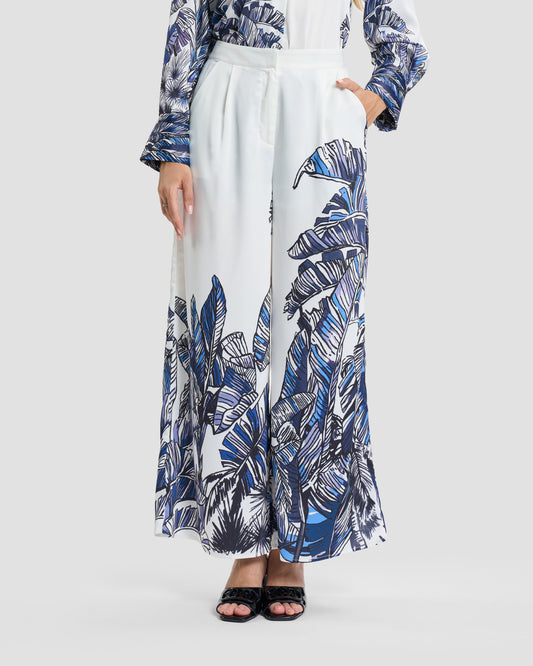 Tropical Palm Print Wide-Leg Trousers