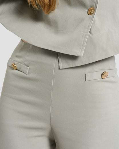 Sage Green Button-Detail Straight-Leg Trousers