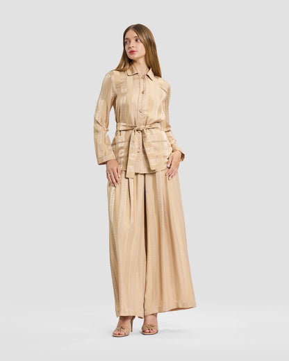 Beige Logo Stripe Belted Two-Piece Set