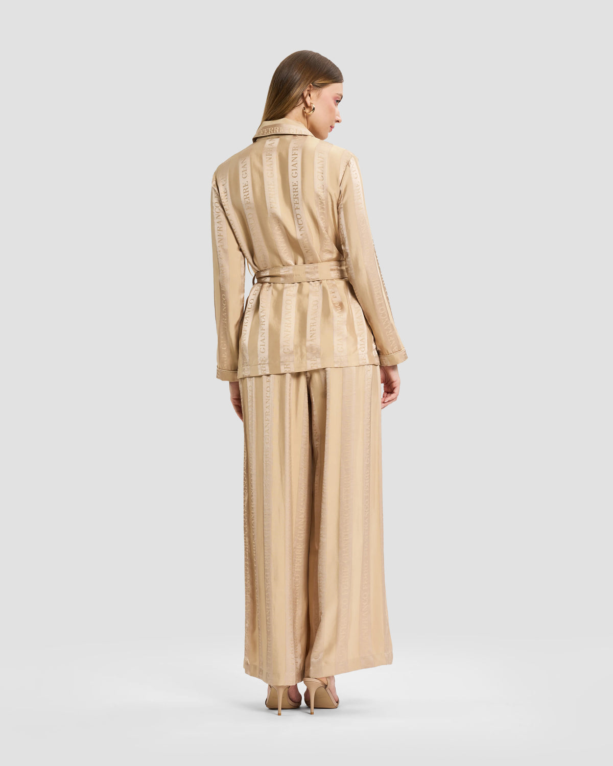 Beige Logo Stripe Belted Two-Piece Set