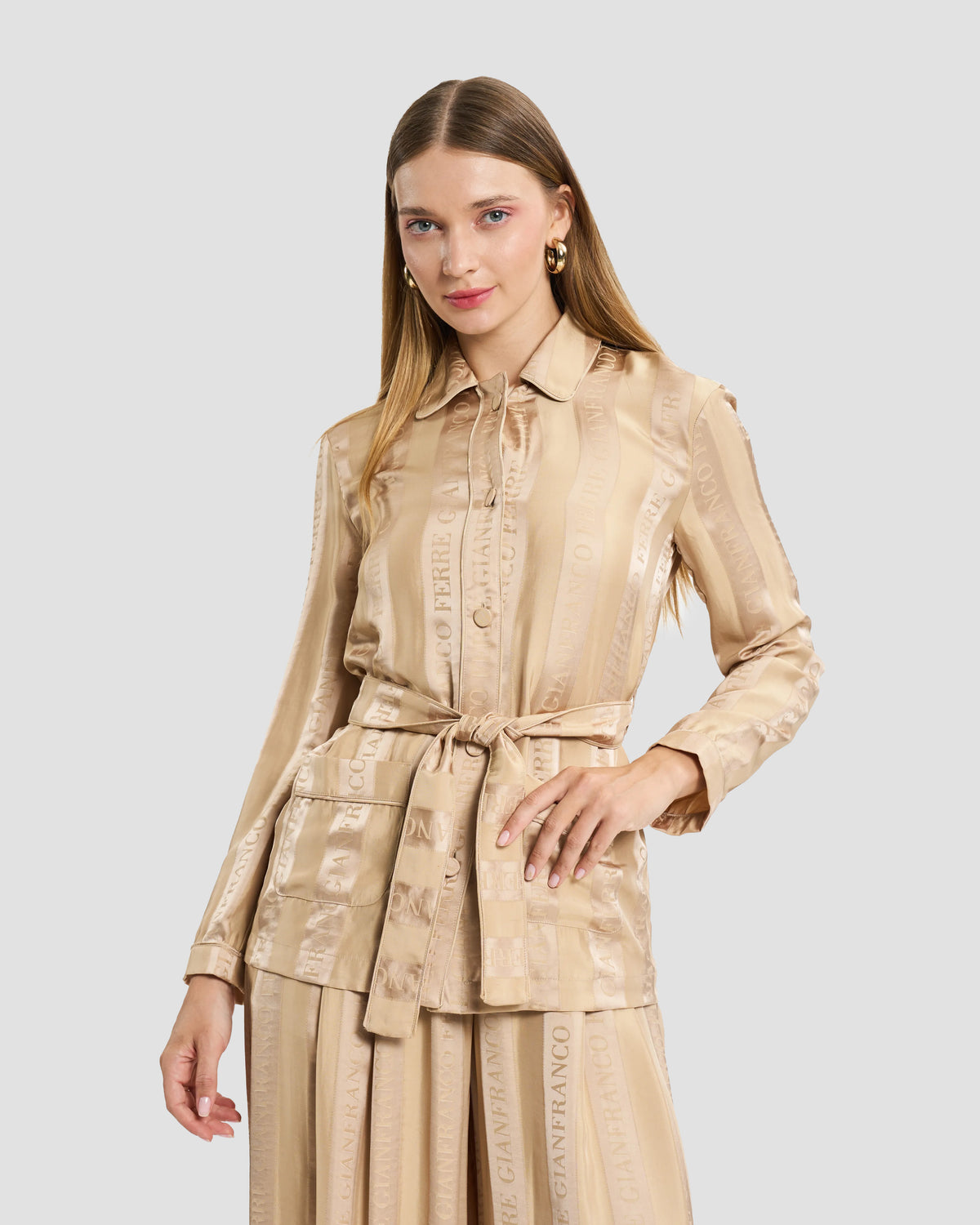 Beige Logo Stripe Belted Two-Piece Set