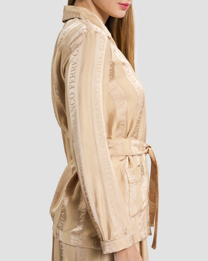 Beige Logo Stripe Belted Two-Piece Set