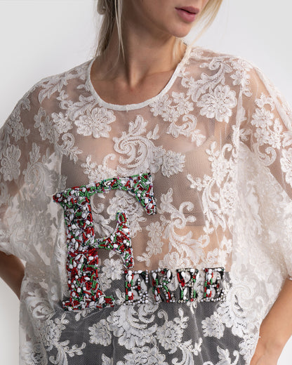 Logo Embellished Sheer Lace Top