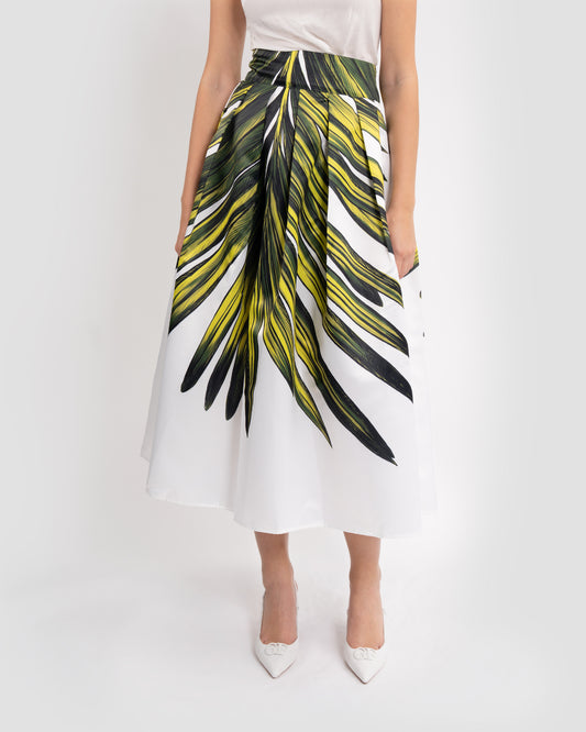 Palm Leaf Print Pleated Skirt