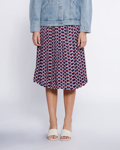 Scalloped Print Pleated Midi Skirt