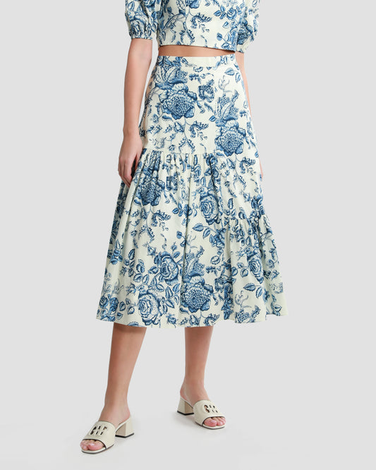 Floral-Print Tiered Midi Skirt