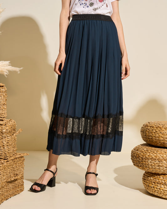 Pleated Midi Skirt with Lace Trim