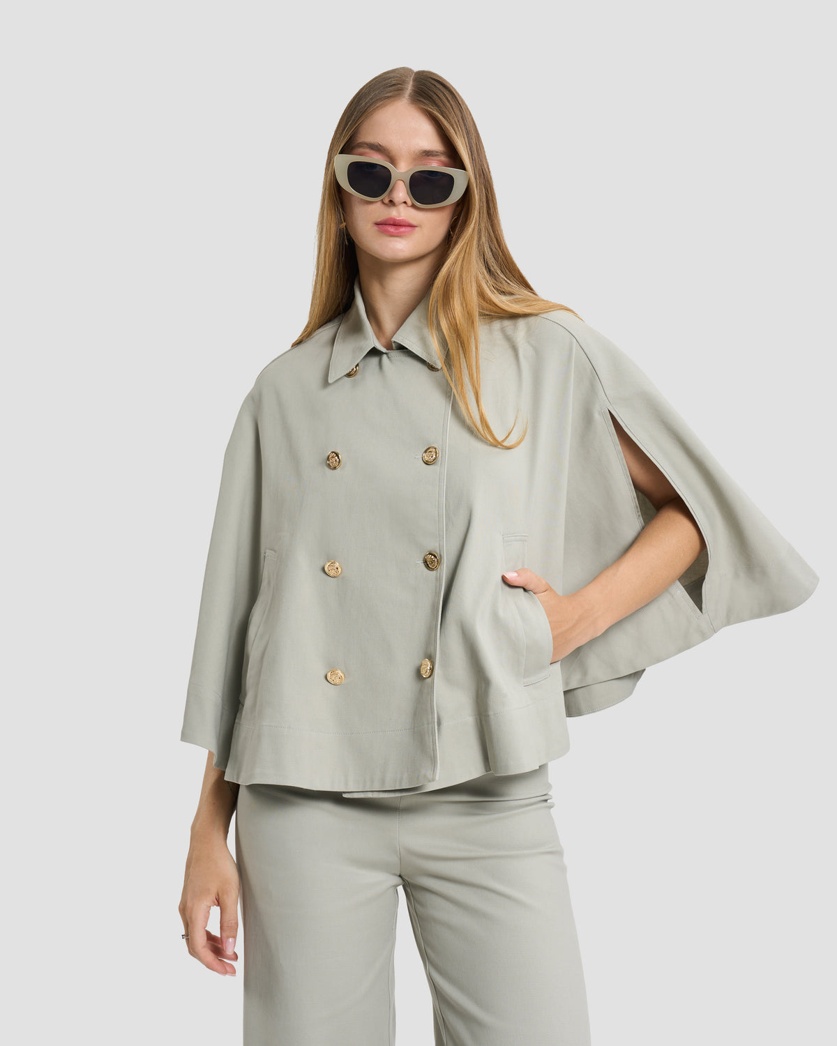 Sage Green Double-Breasted Cape Jacket