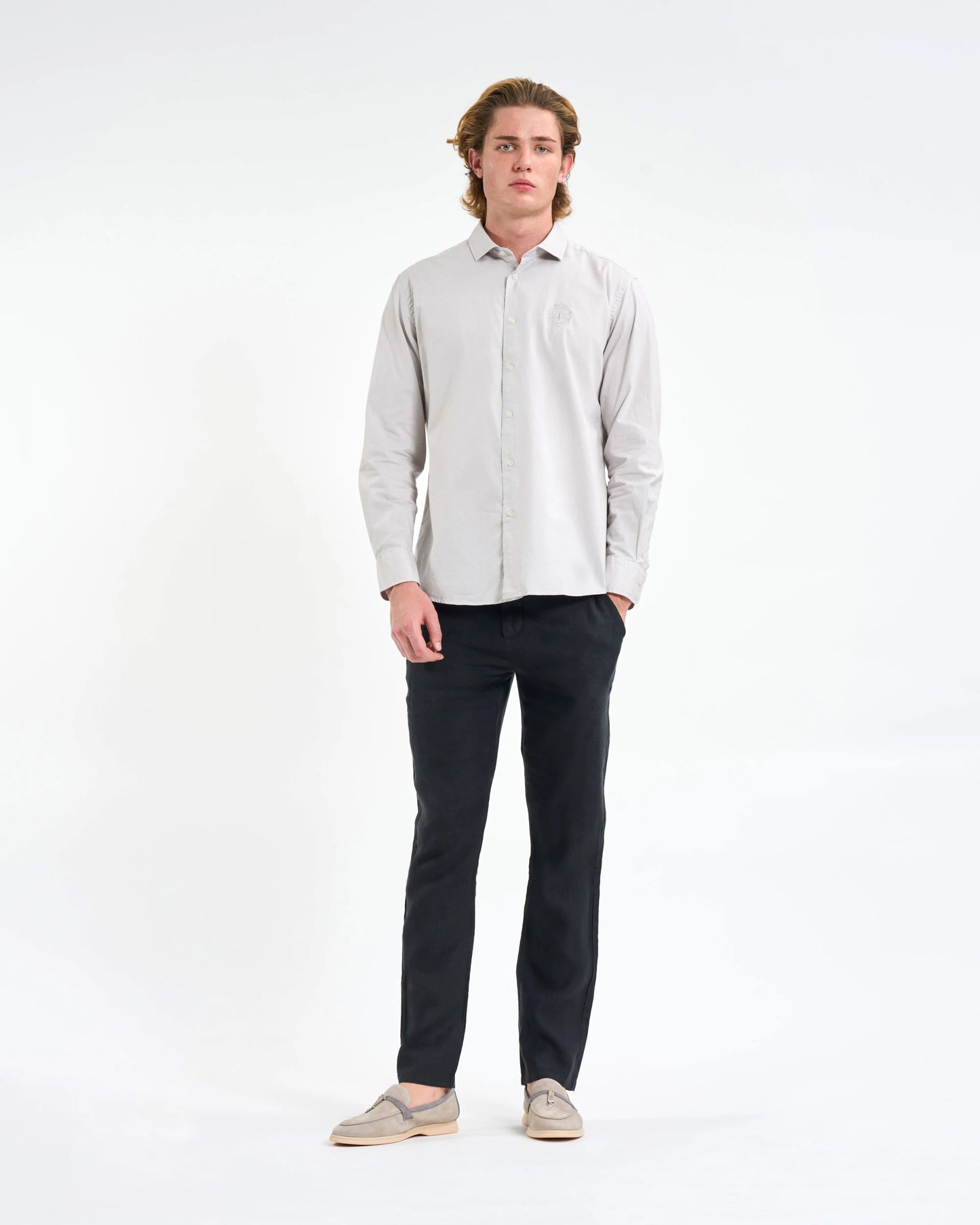 Light Grey Crest Embroidered Long-Sleeve Shirt