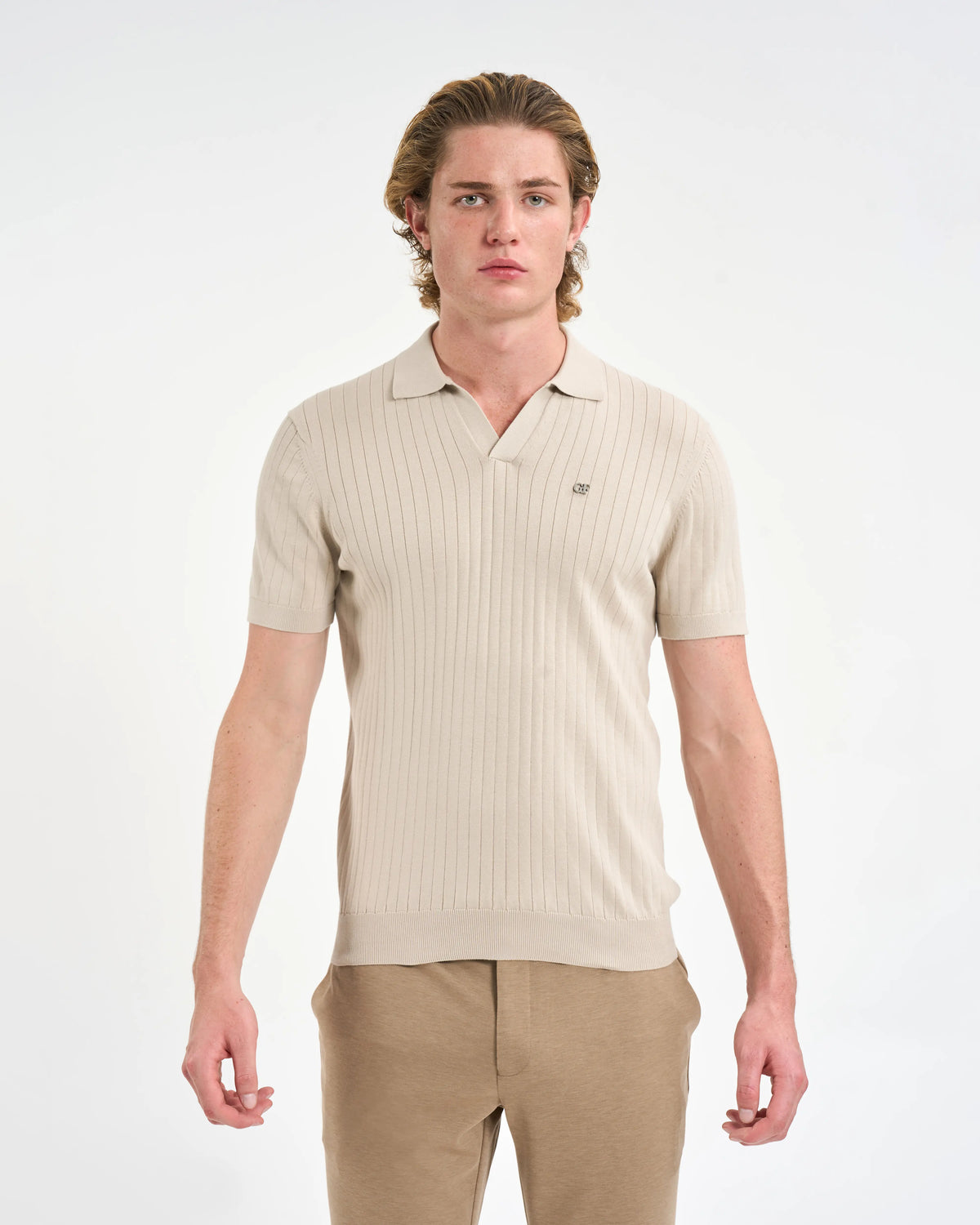 Ribbed Knit Open-Collar Polo