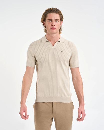 Ribbed Knit Open-Collar Polo