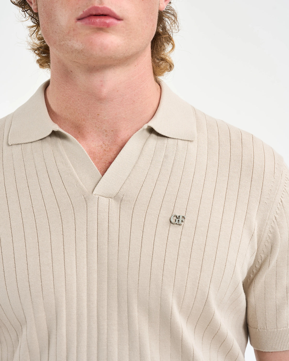 Ribbed Knit Open-Collar Polo