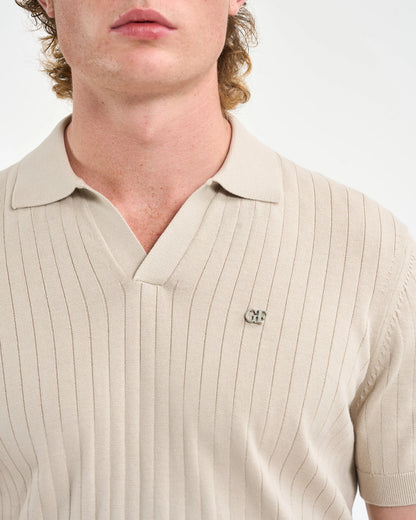 Ribbed Knit Open-Collar Polo