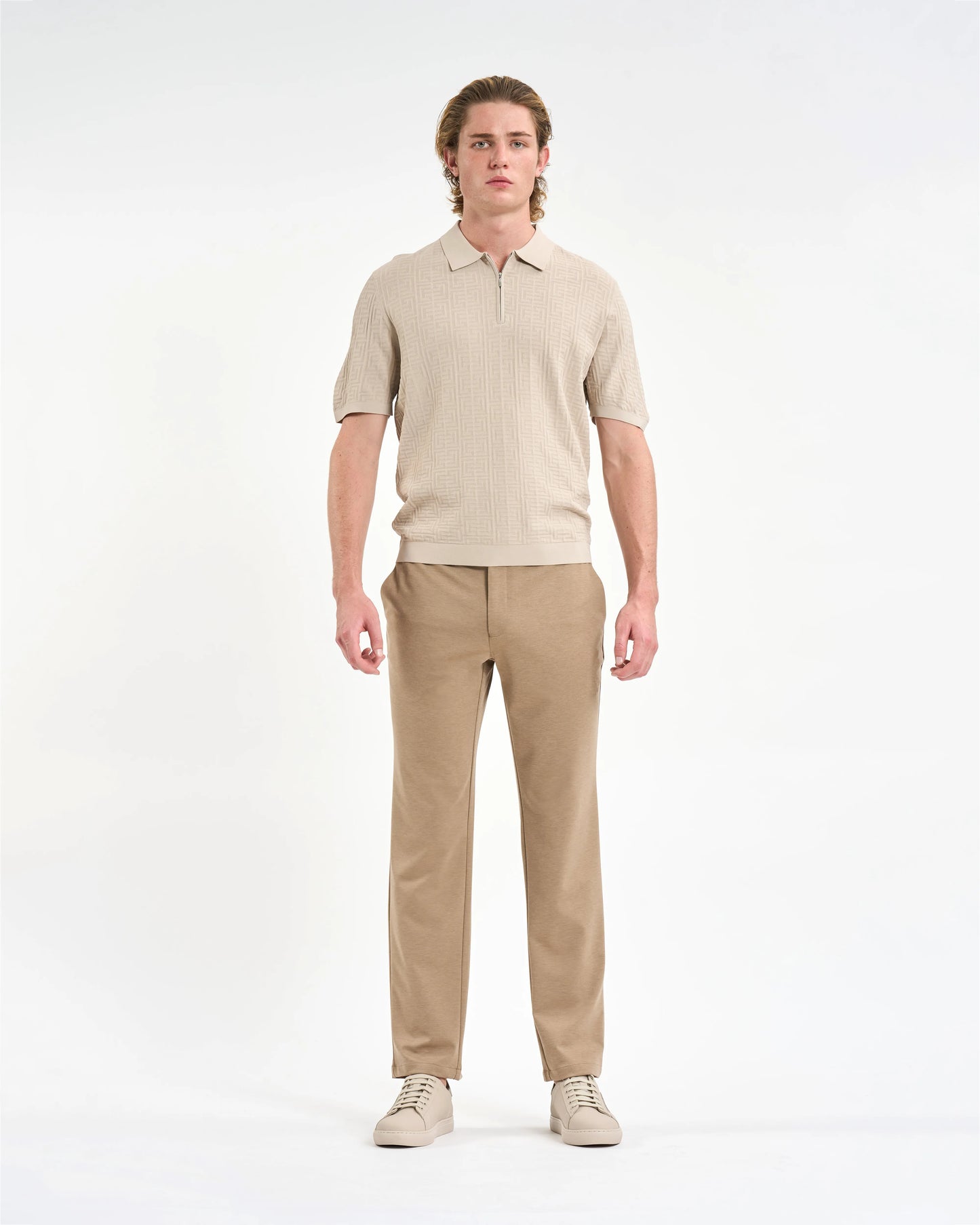 Stone-Hued Geometric Knit Quarter-Zip